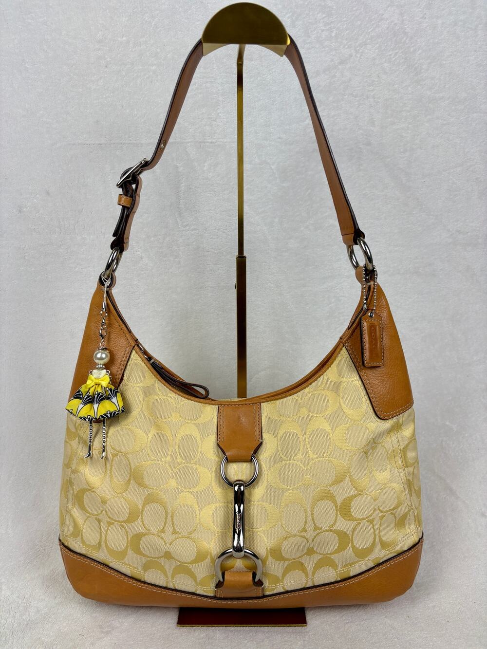 Coach Vintage Hamptons Signature Jacquard Clip Hobo in Yellow with Leather Trim